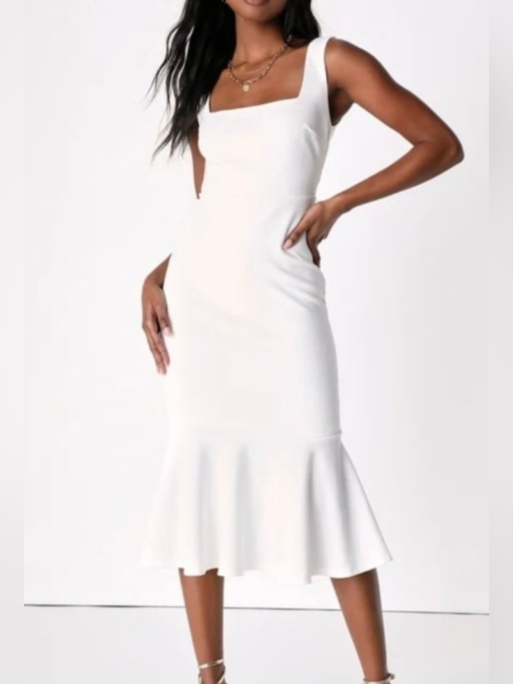 Lulus Moment Maker White Square Neck Trumpet Midi Dress